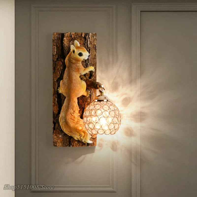 Nordic Vintage Style Resin Squirrel Crystal Led Wall Lamp