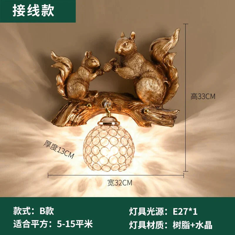 Nordic  Vintage Style Resin Squirrel Crystal Led Wall Lamp