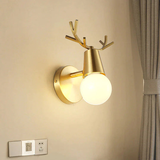 Nordic Wall Lamp Copper Antler Lamp Living Room TV Background Wall Creative Decoration Deer Children's Room Bedroom Bedside Copper Wall Lamp