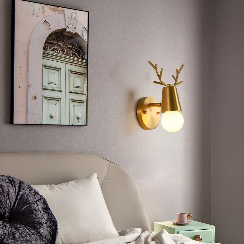 Nordic Wall Lamp Copper Antler Lamp Living Room TV Background Wall Creative Decoration Deer Children's Room Bedroom Bedside Copper Wall Lamp