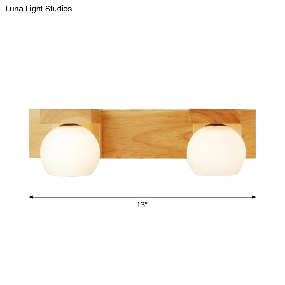 Nordic Wall Mount Sconce: Wood Vanity Lamp With Opal Glass Shade - 2/3 Heads