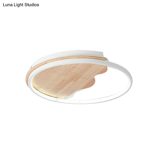 Nordic Wave Flush Ceiling Light With Wood Ring - White Fixture For Study Room