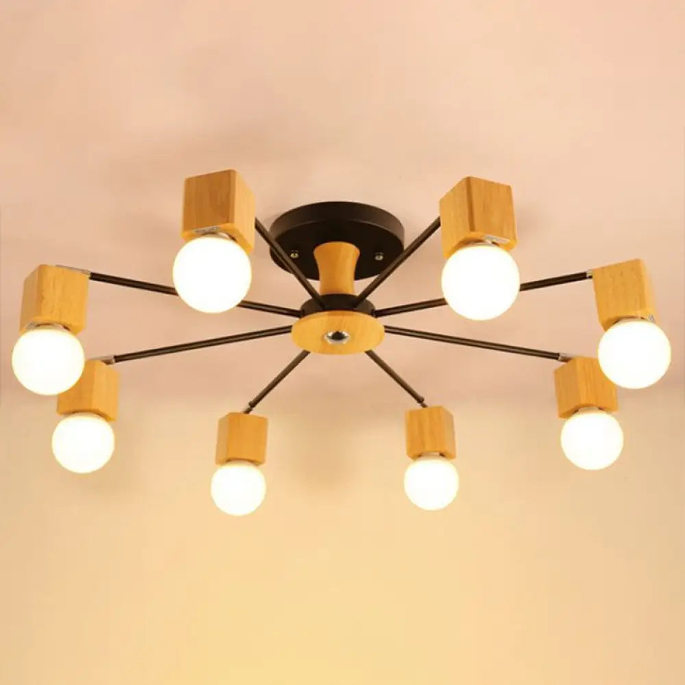 Nordic White And Beige Wooden Cube Semi Mount Flush Light With Open Bulb Design 8 /