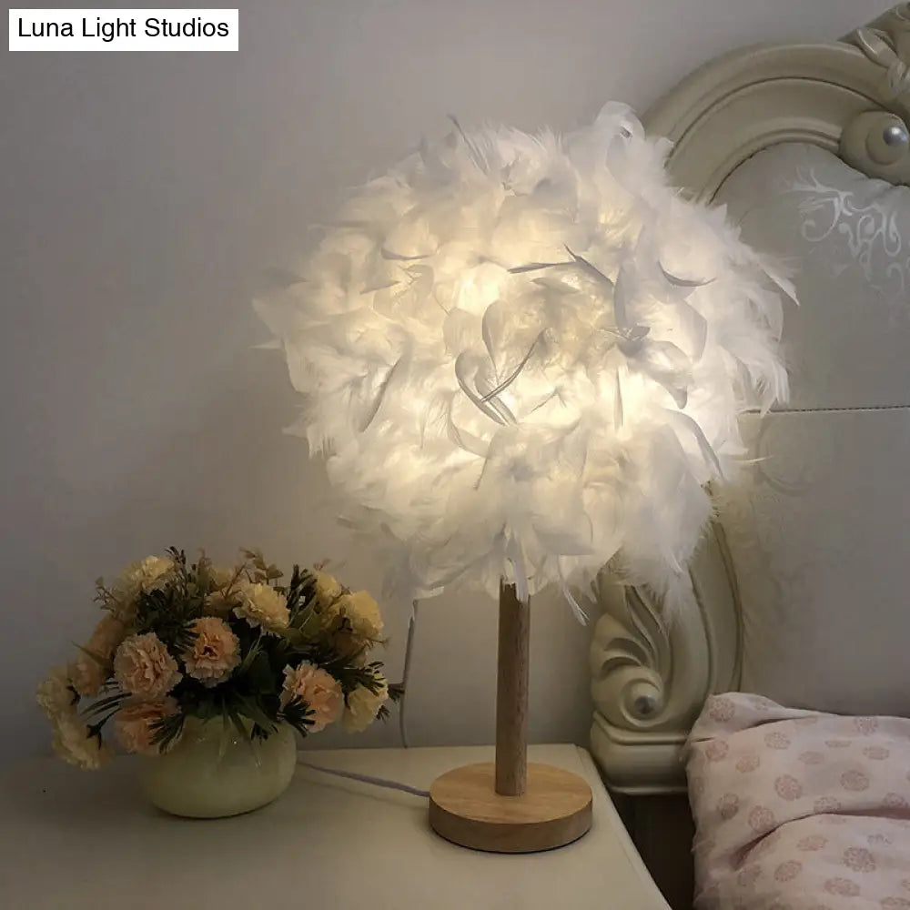 Nordic White Ball Nightstand Lamp With Feather Shade And Wood Base