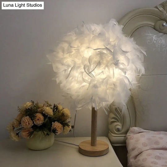 Nordic White Ball Nightstand Lamp With Feather Shade And Wood Base