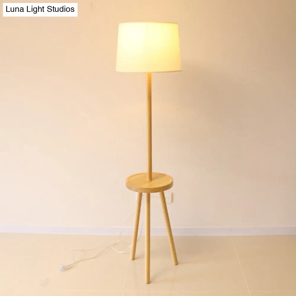 Nordic White Drum Floor Lamp With Tripod And Table - 1 Head Fabric Stand Up Lighting