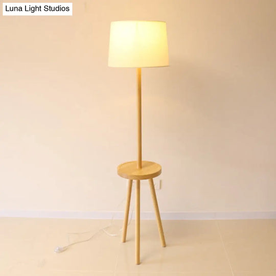 Nordic White Drum Floor Lamp With Tripod And Table - 1 Head Fabric Stand Up Lighting