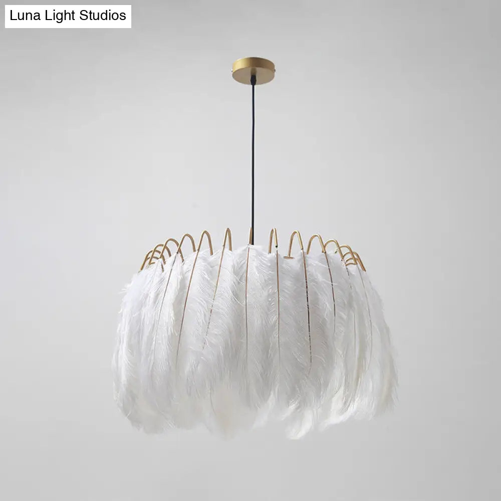 Minimalist Feather Pendant Light For Bedroom - Nordic Style Circle Suspension With Single Bulb