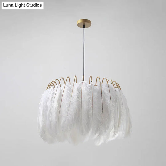 Minimalist Feather Pendant Light For Bedroom - Nordic Style Circle Suspension With Single Bulb