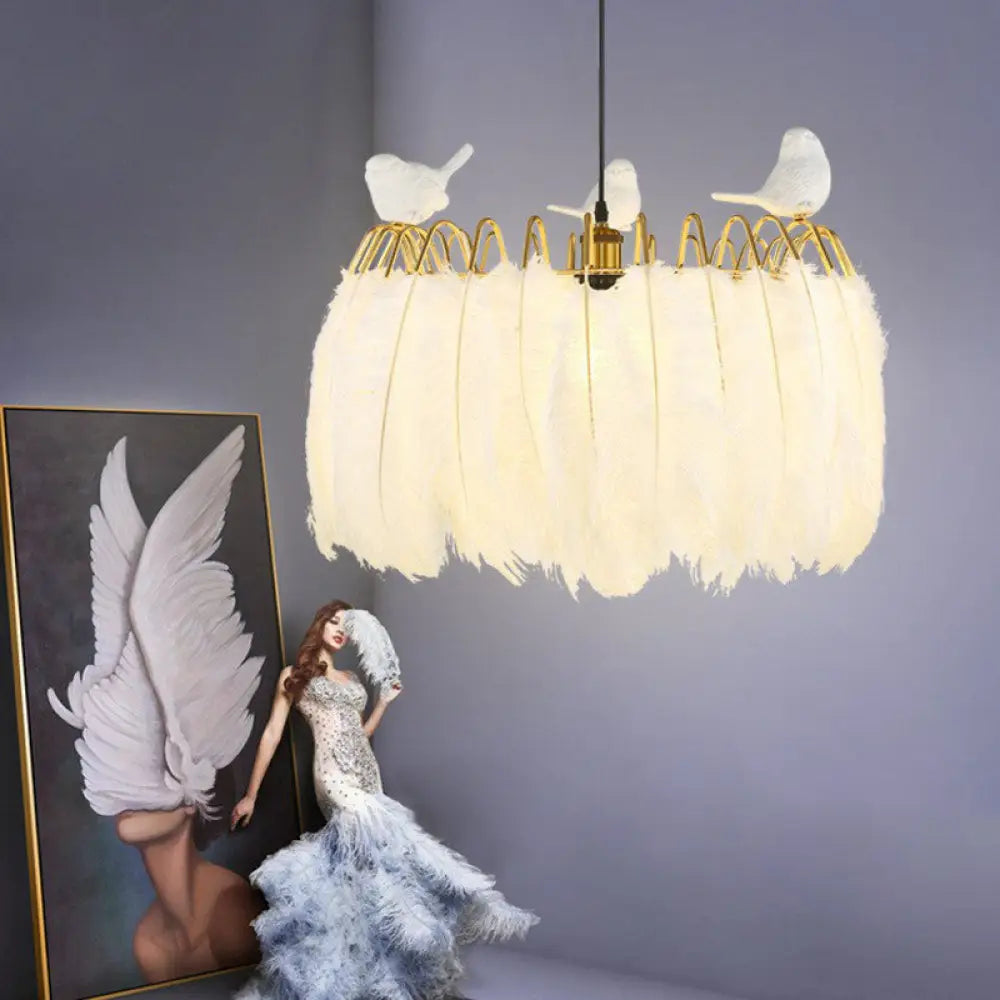 Nordic White Feather Pendant Light - Single-Bulb Suspended Lighting For Bedroom / 20’ Bird