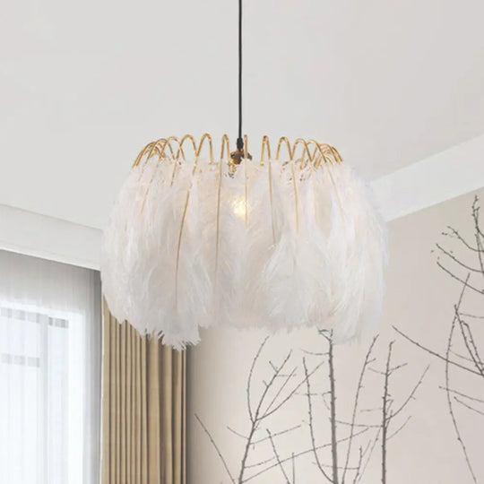 Nordic White Feather Pendant Light - Single-Bulb Suspended Lighting For Bedroom / 20’ Crown