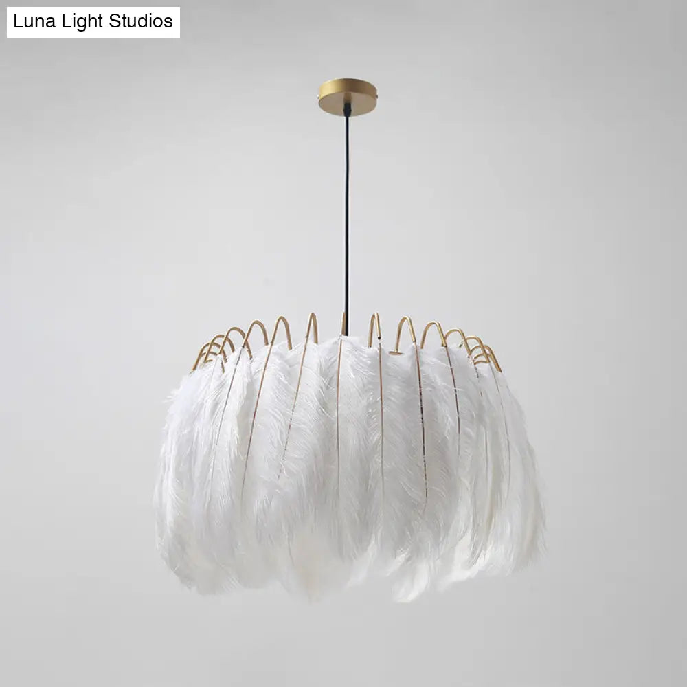 Nordic White Feather Pendant Light - Single-Bulb Suspended Lighting For Bedroom