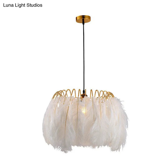 Nordic White Feather Pendant Light - Single-Bulb Suspended Lighting For Bedroom