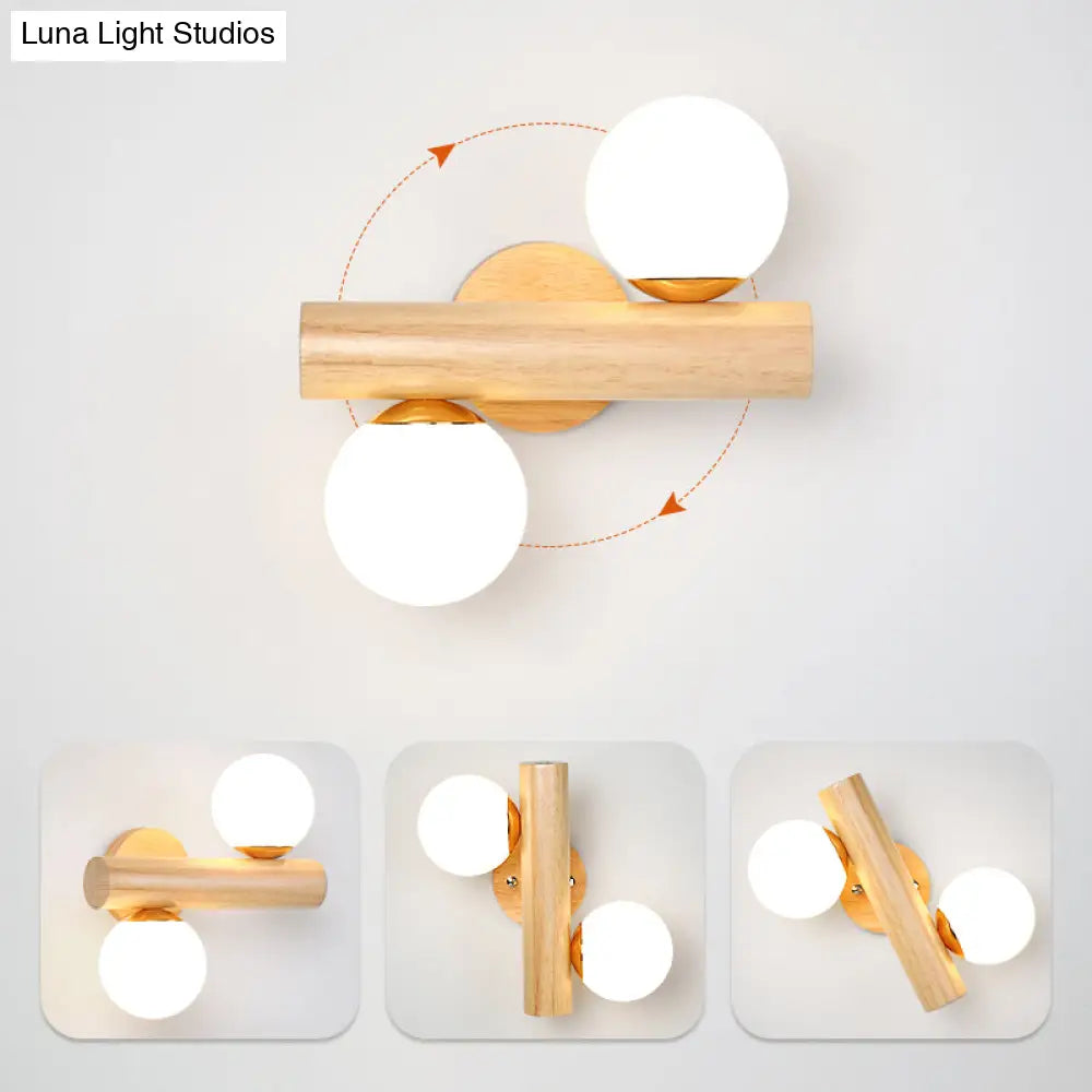 Nordic White Glass Ball Rotating Wall Lamp With Wood Mount - Ideal For Bedroom Lighting