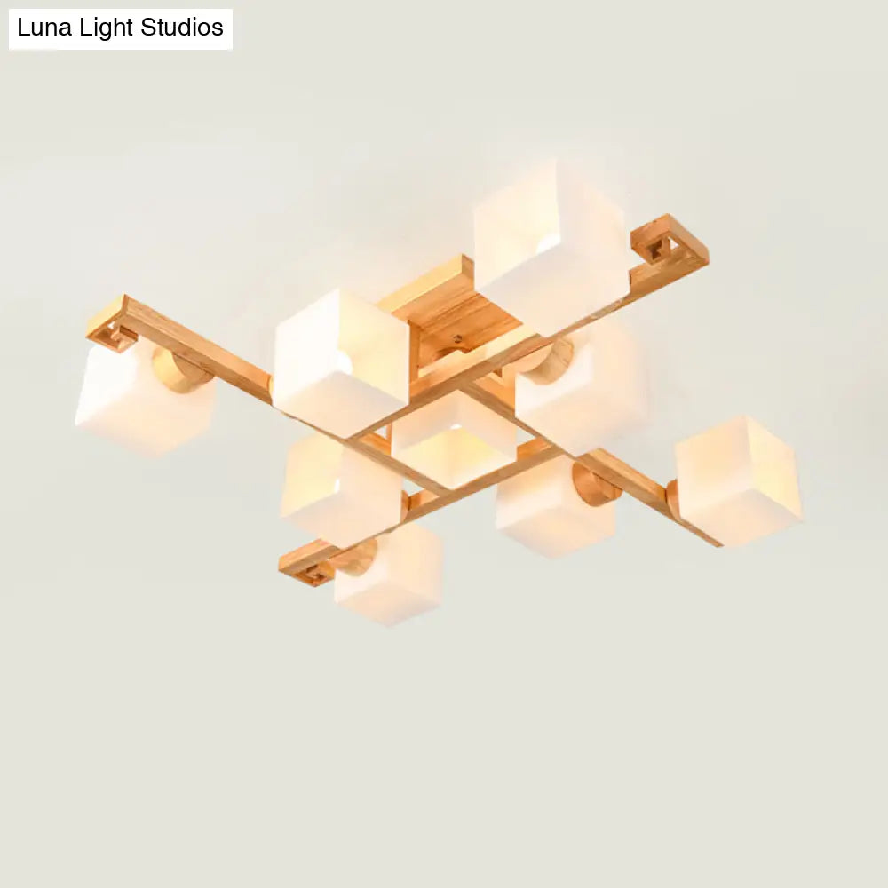 Nordic White Glass Cube Semi Flush Mount Ceiling Light With Wooden Canopy