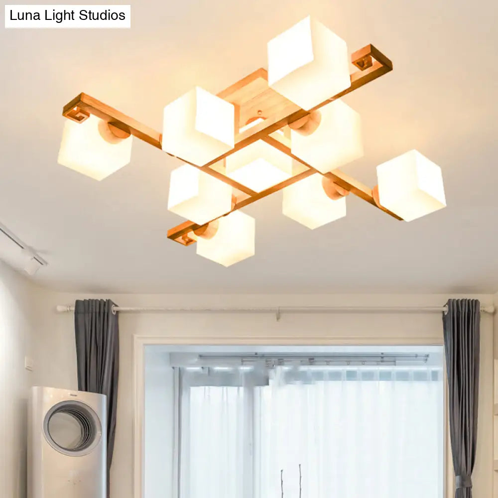 Nordic White Glass Cube Semi Flush Mount Ceiling Light With Wooden Canopy