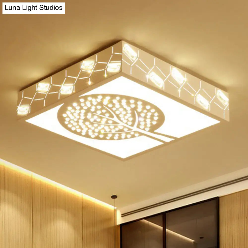 Nordic White K9 Crystal Led Ceiling Light - Square Flush Mount With 3 Lighting Options