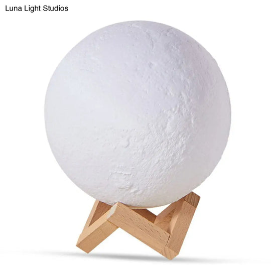 Nordic White Led Nightstand Lamp: Plastic 3D Moon Globe With Wooden Bracket