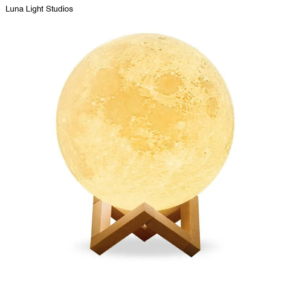 Nordic White Led Nightstand Lamp: Plastic 3D Moon Globe With Wooden Bracket