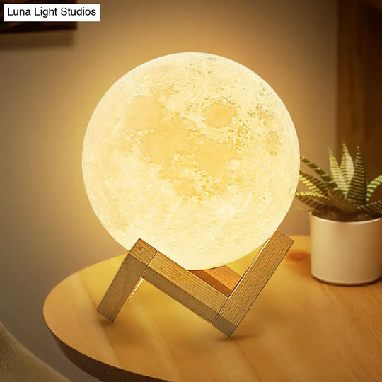 Nordic White Led Nightstand Lamp: Plastic 3D Moon Globe With Wooden Bracket