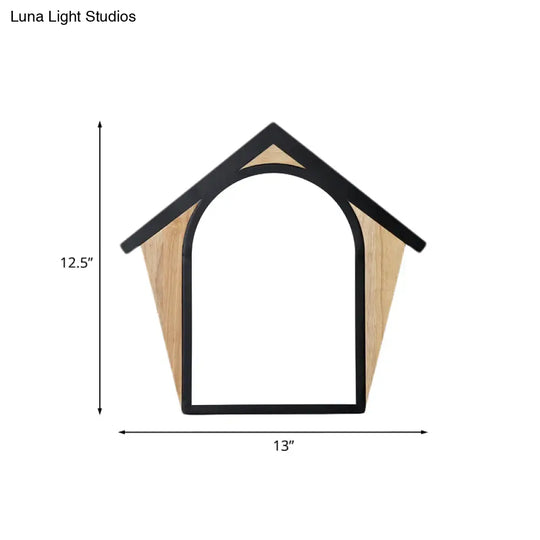 Nordic Wood And Black Metal House Shape Led Sconce For Modern Wall Lighting