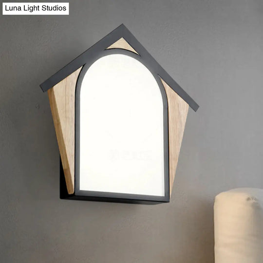 Nordic Wood And Black Metal House Shape Led Sconce For Modern Wall Lighting