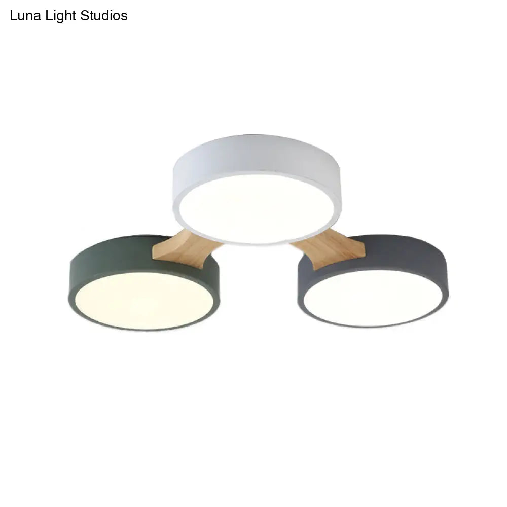 Nordic Wood And Metal Flush Ceiling Light - Round Grey Shade 3/4/5 Lights Ideal For Bedroom