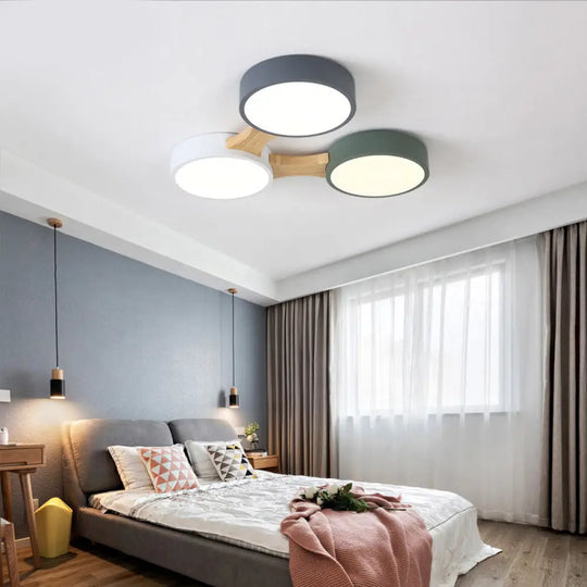 Nordic Wood And Metal Flush Ceiling Light - Round Grey Shade 3/4/5 Lights Ideal For Bedroom