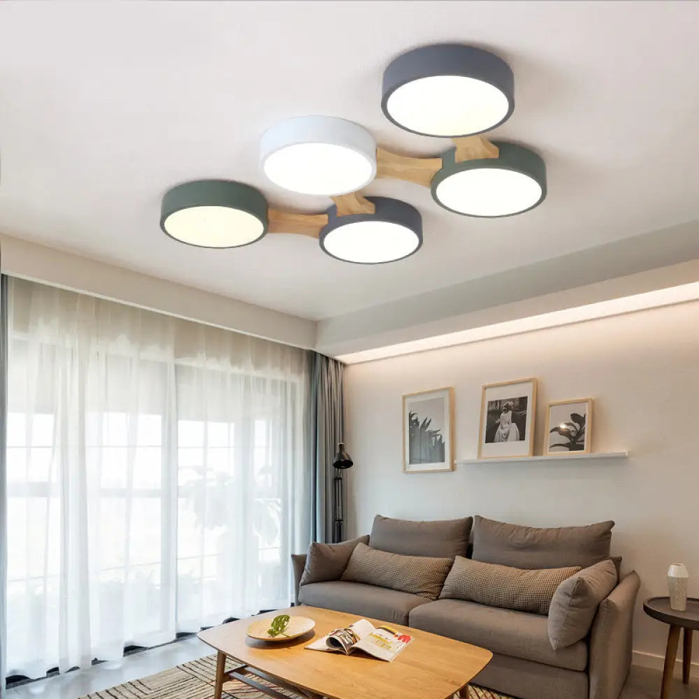 Nordic Wood And Metal Flush Ceiling Light - Round Grey Shade 3/4/5 Lights Ideal For Bedroom