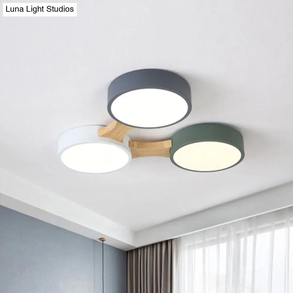 Nordic Wood And Metal Flush Ceiling Light - Round Grey Shade 3/4/5 Lights Ideal For Bedroom