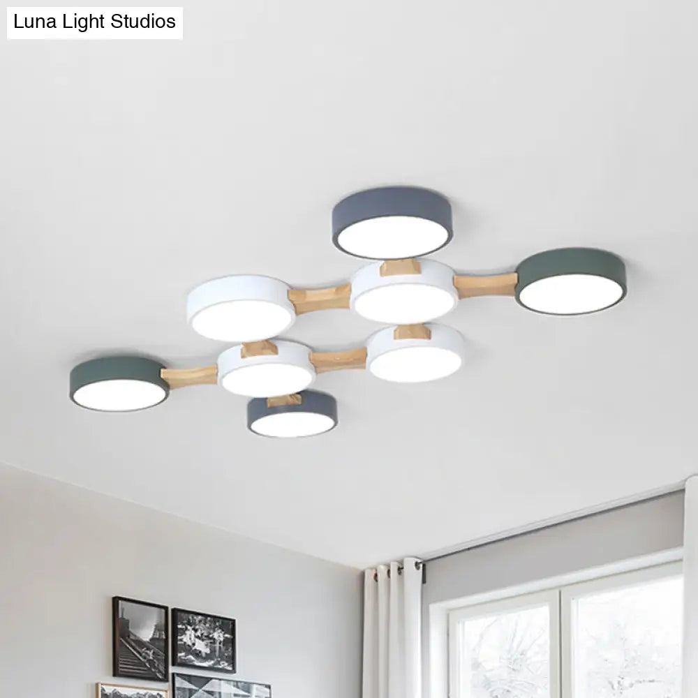 Nordic Wood And Metal Flush Ceiling Light - Round Grey Shade 3/4/5 Lights Ideal For Bedroom