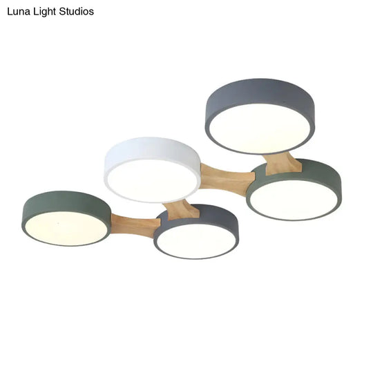 Nordic Wood And Metal Flush Ceiling Light - Round Grey Shade 3/4/5 Lights Ideal For Bedroom