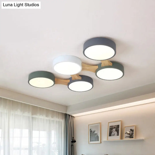 Nordic Wood And Metal Flush Ceiling Light - Round Grey Shade 3/4/5 Lights Ideal For Bedroom