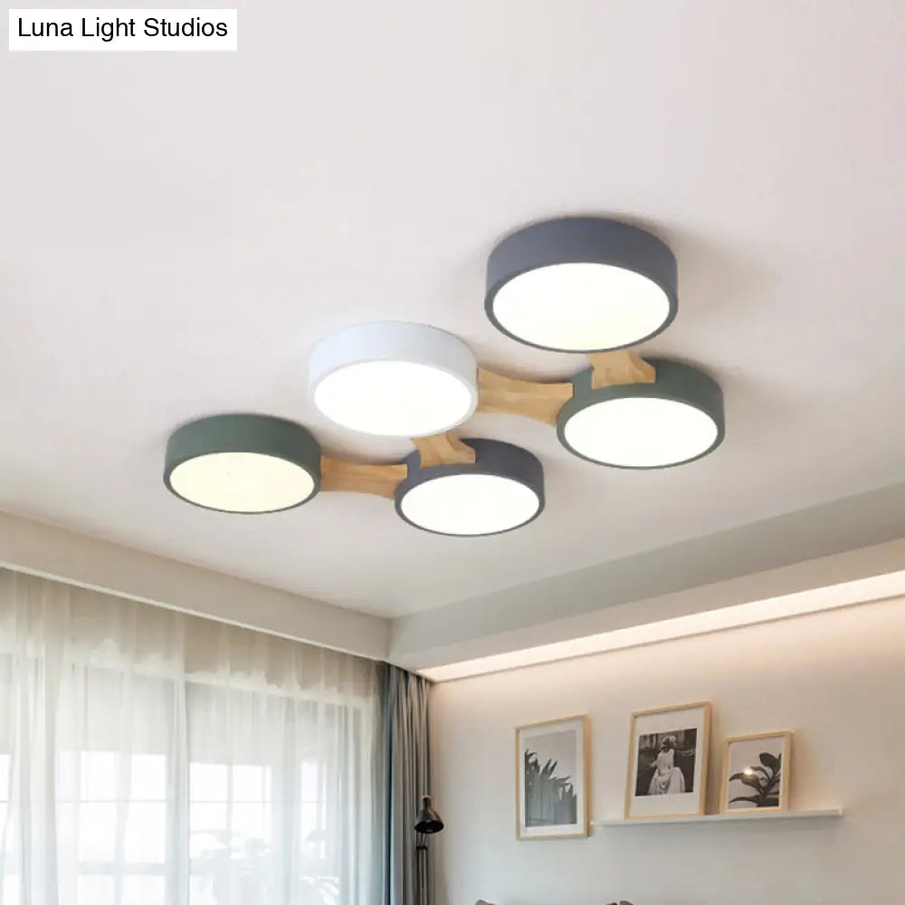 Nordic Wood And Metal Flush Ceiling Light - Round Grey Shade 3/4/5 Lights Ideal For Bedroom