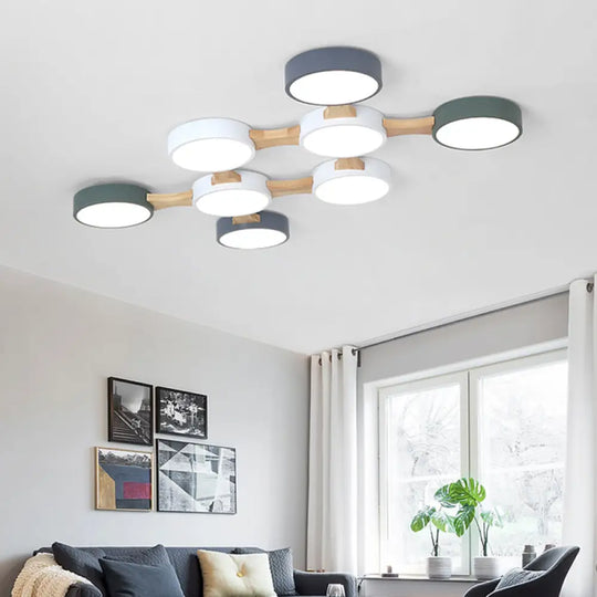 Nordic Wood And Metal Flush Ceiling Light - Round Grey Shade 3/4/5 Lights Ideal For Bedroom