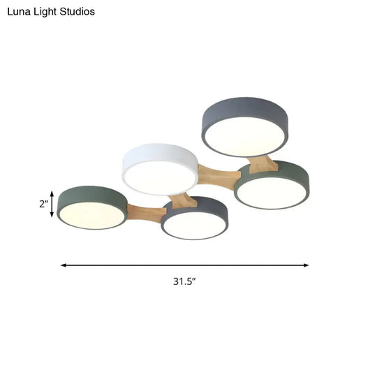 Nordic Wood And Metal Flush Ceiling Light - Round Grey Shade 3/4/5 Lights Ideal For Bedroom