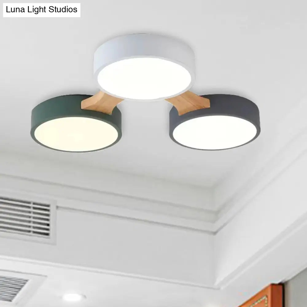 Nordic Wood And Metal Flush Ceiling Light - Round Grey Shade 3/4/5 Lights Ideal For Bedroom