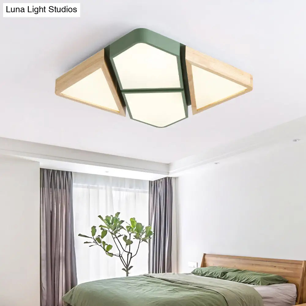 Nordic Wood And Metal Led Square Ceiling Mount Light In Gray/White/Green With Warm/White/Neutral