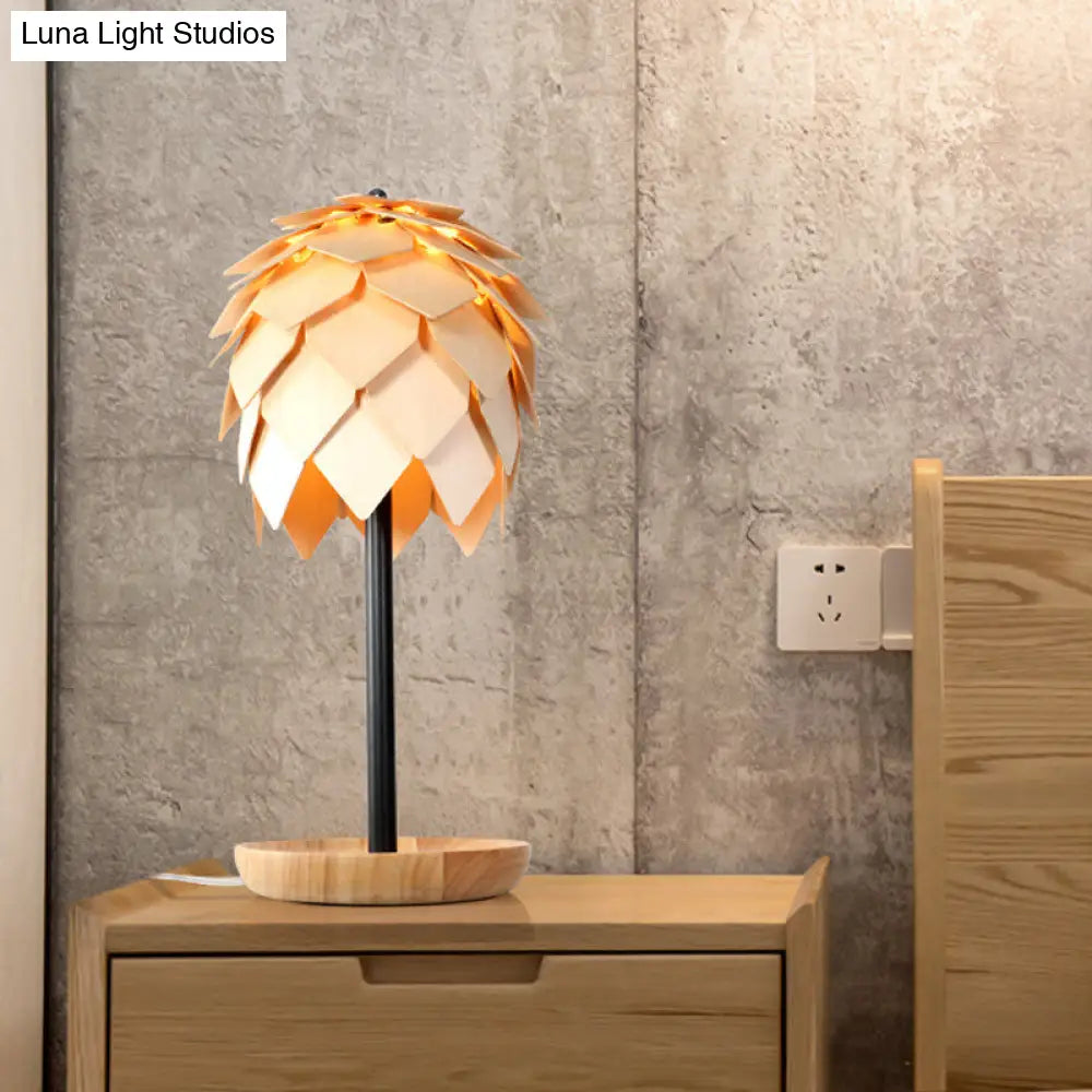 Nordic Wood Artichoke Table Lamp: Beige Nightstand Light With Tray Base