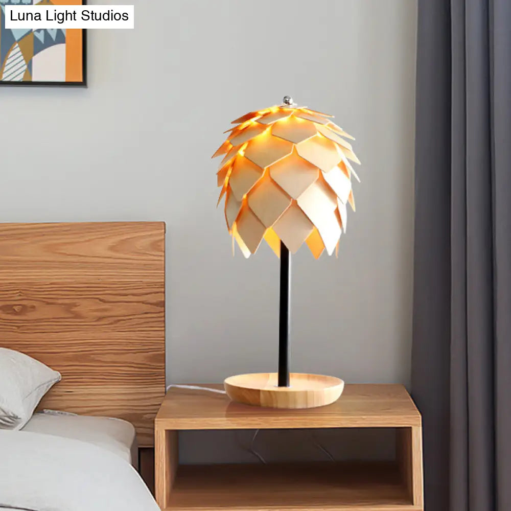 Nordic Wood Artichoke Table Lamp: Beige Nightstand Light With Tray Base