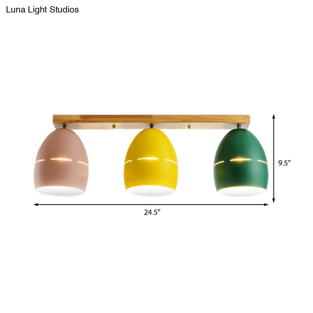 Nordic Wood Finish Linear Semi - Flushmount Light: 3 Lights And Oval Metal Shade
