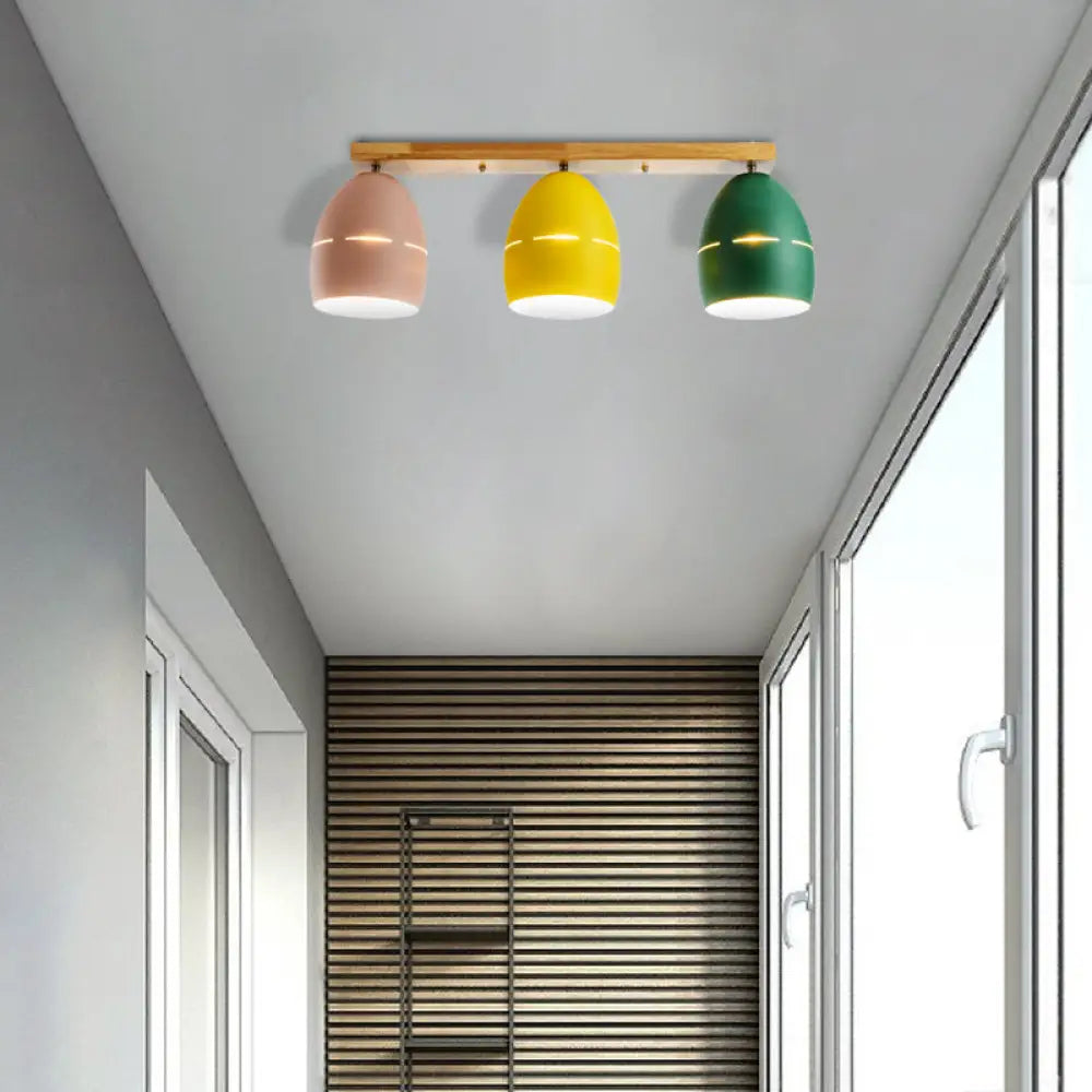 Nordic Wood Finish Linear Semi - Flushmount Light: 3 Lights And Oval Metal Shade Green - Yellow -