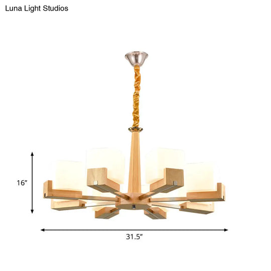 Wooden Nordic Chandelier With Glass Cube Shades - 3/5/8 Heads Ceiling Lamp For Living Room Lighting