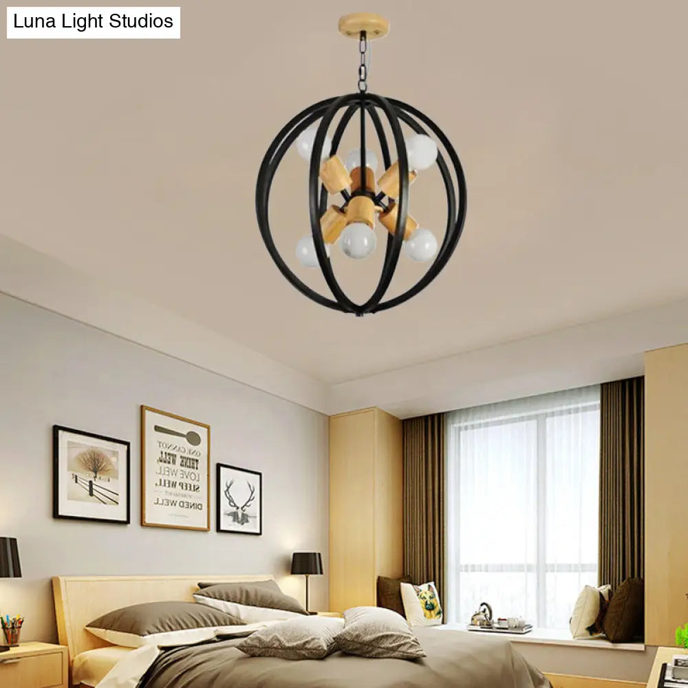 Nordic Wood Globe Chandelier Pendant Light - Led Black/White Ideal For Bedroom