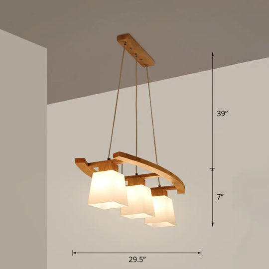 Nordic Wood Island Pendant Ceiling Light With Trapezoid White Glass Shade - 3-Light Dining Room