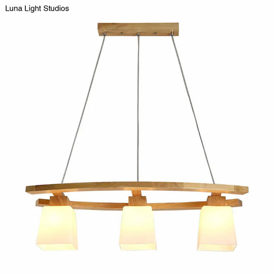 Nordic Wood Island Pendant Ceiling Light With Trapezoid White Glass Shade - 3-Light Dining Room