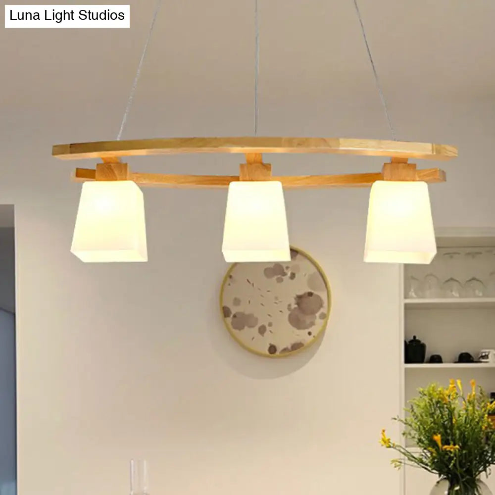 Nordic Wood Island Pendant Ceiling Light With Trapezoid White Glass Shade - 3-Light Dining Room