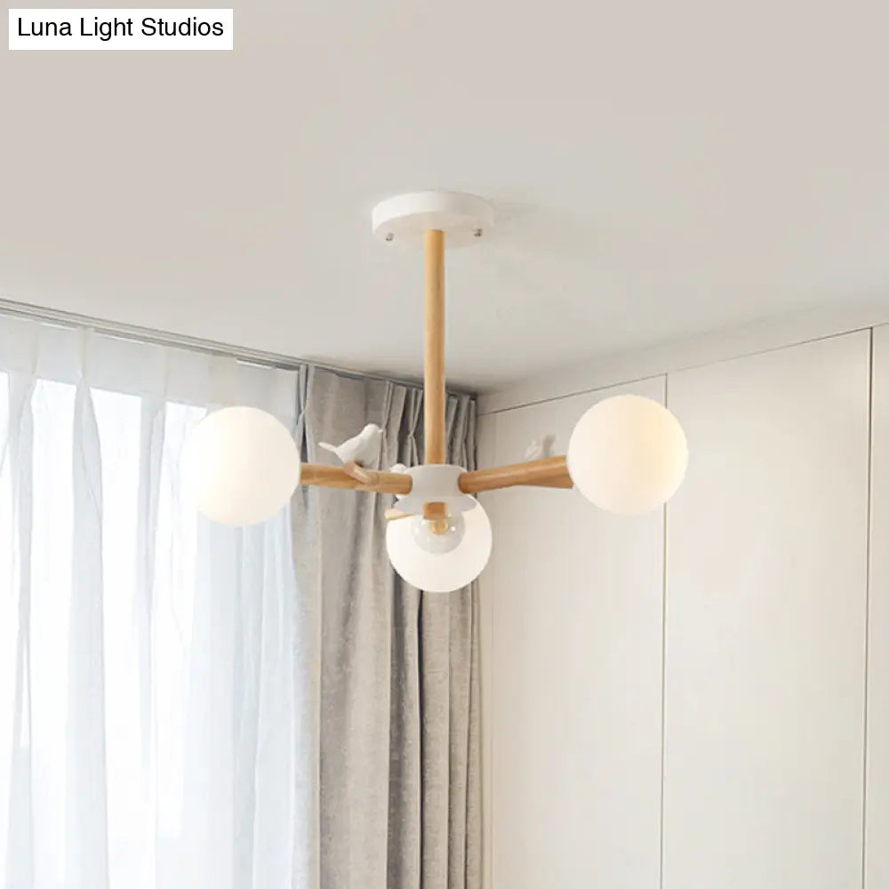 Nordic Wood Radial Chandelier With White Glass Shade And Bird Decor - Perfect For Bedroom Semi-Mount