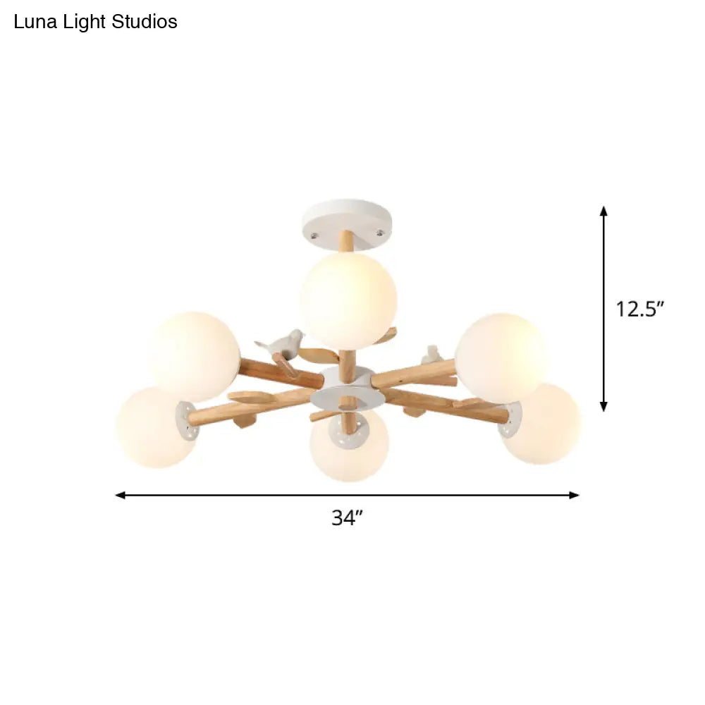 Nordic Wood Radial Chandelier? With White Glass Shade And Bird Decor - Perfect For Bedroom Semi -