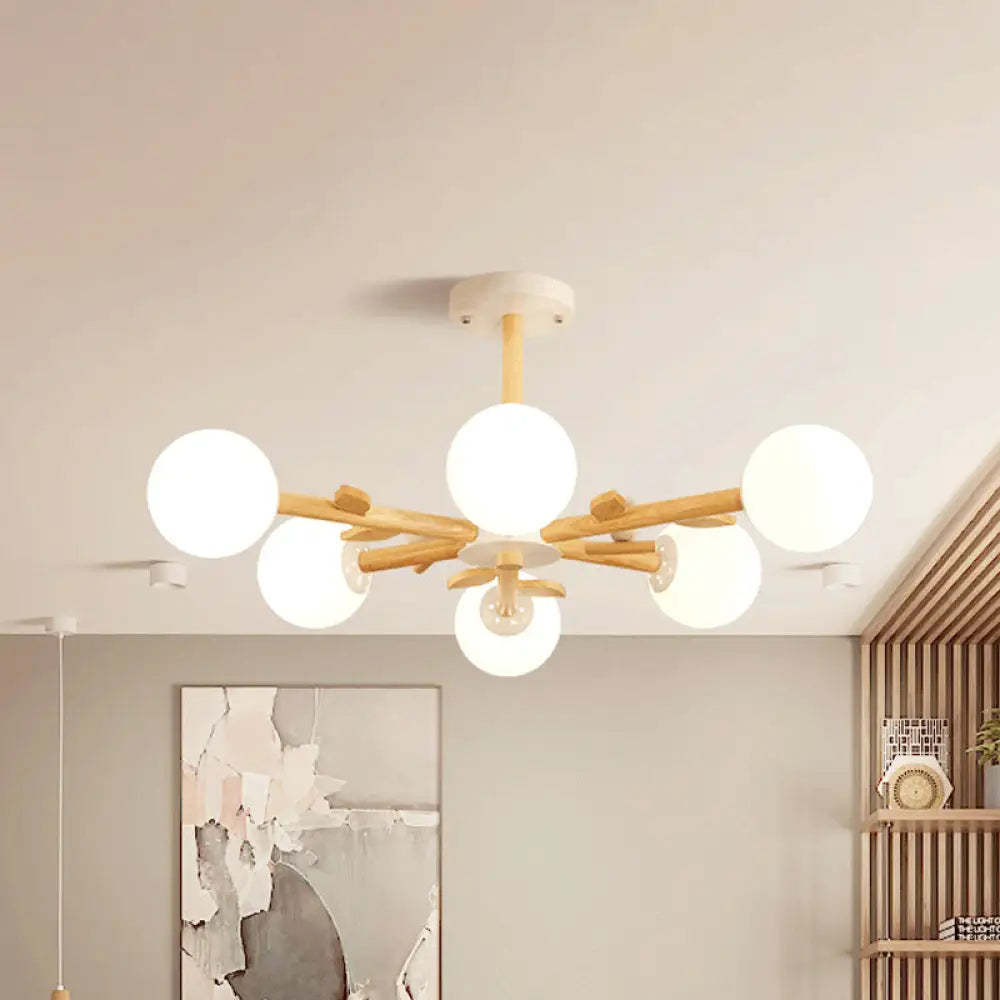 Nordic Wood Radial Chandelier? With White Glass Shade And Bird Decor - Perfect For Bedroom Semi -